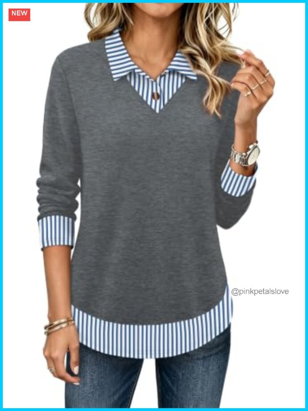 Womens Polo Tunic Top Long Sleeve 2-in-1 Layered Work Blouse